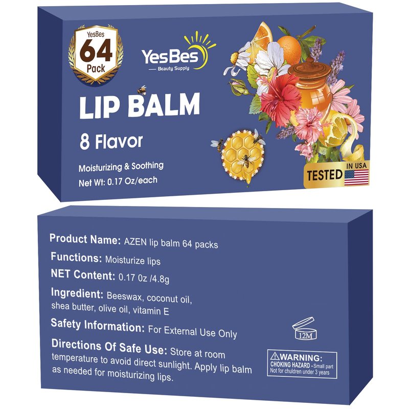 YesBes 64 Pack Lip Balm, Natural Lip Balm Bulk with Vitamin E and Coconut Oil, Moisturizing Lip Balms for Dry Cracked Lips, Lip Balms for Mothers Day Gifts Stocking Stuffers - 8 Flavors