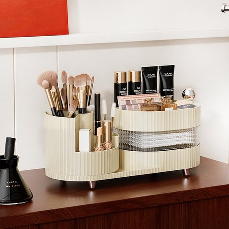 Rotating Makeup Organizer for Vanity with Brush Holder and Drawer, 3 Layer Cosmetic Makeup Storage, Large Makeup Skincare Organizer, Countertop Makeup Perfume Organizer, Lotions Display Case (Ivory)