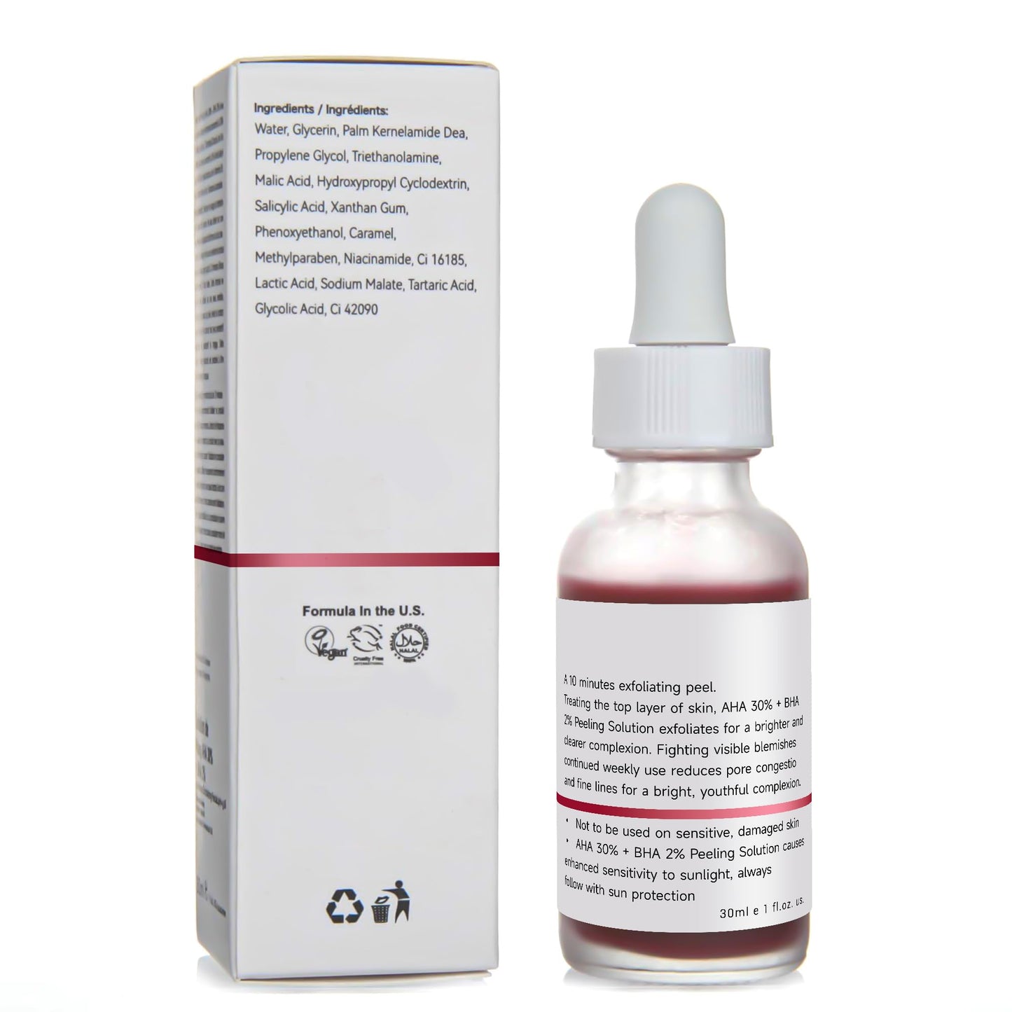 AHA 30% + BHA 2% Peeling Solution 30ml/1oz, Exfoliating Facial Serum, Chemical Peel For Face Serum Glycolic Acid