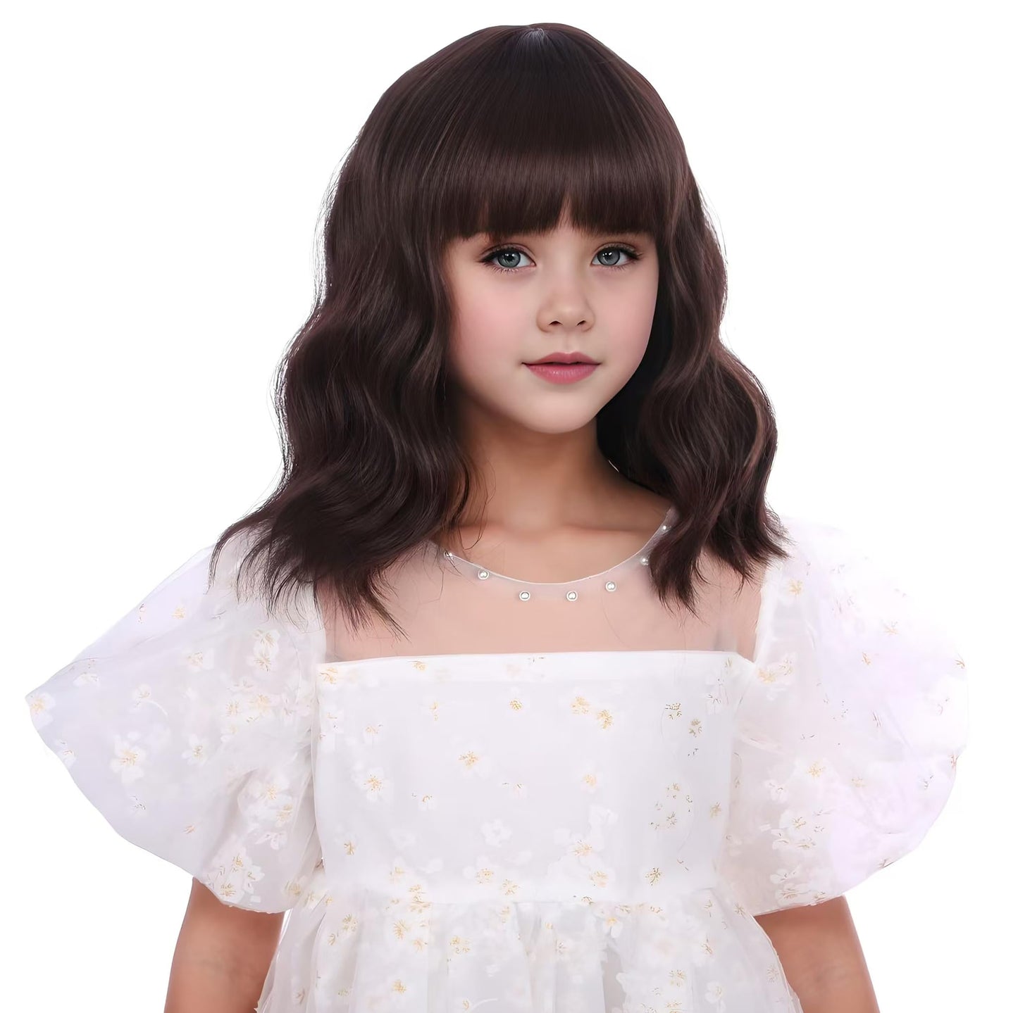 DUDUWIG Dark Brown Wig for Kids Girls Short Chocolate Brown Wavy Curly Wig Brown Wig with Air Bangs for Children Heat Resistant Synthetic Wig with Wig Cap