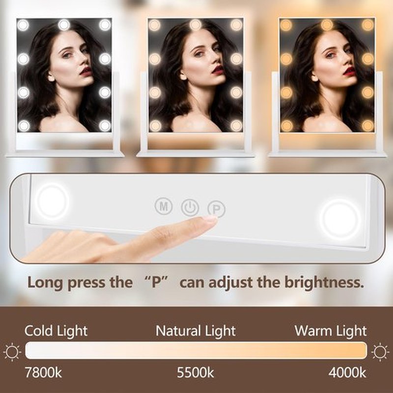 SLIMOON Lighted Makeup Mirror, 14"x 12" Hollywood Vanity Mirror with 9 LED Bulbs, 3 Color Lights, and Detachable 10X Magnification Mirror, 1200mAh Rechargeable, Touch Control, 360°Rotation (White)