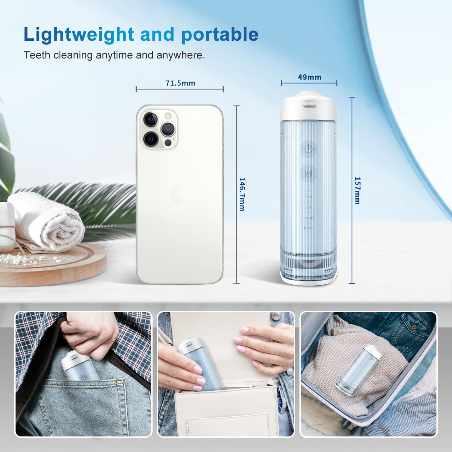 JNGOODS Mini Cordless Portable Water Flosser Oral Irrigator Water Teeth Cleaner Pick, Telescopic Water Tank, 4 Modes & IPX7 Waterproof, Home & Travel Water Flossers for Teeth, Braces Bridges Care.