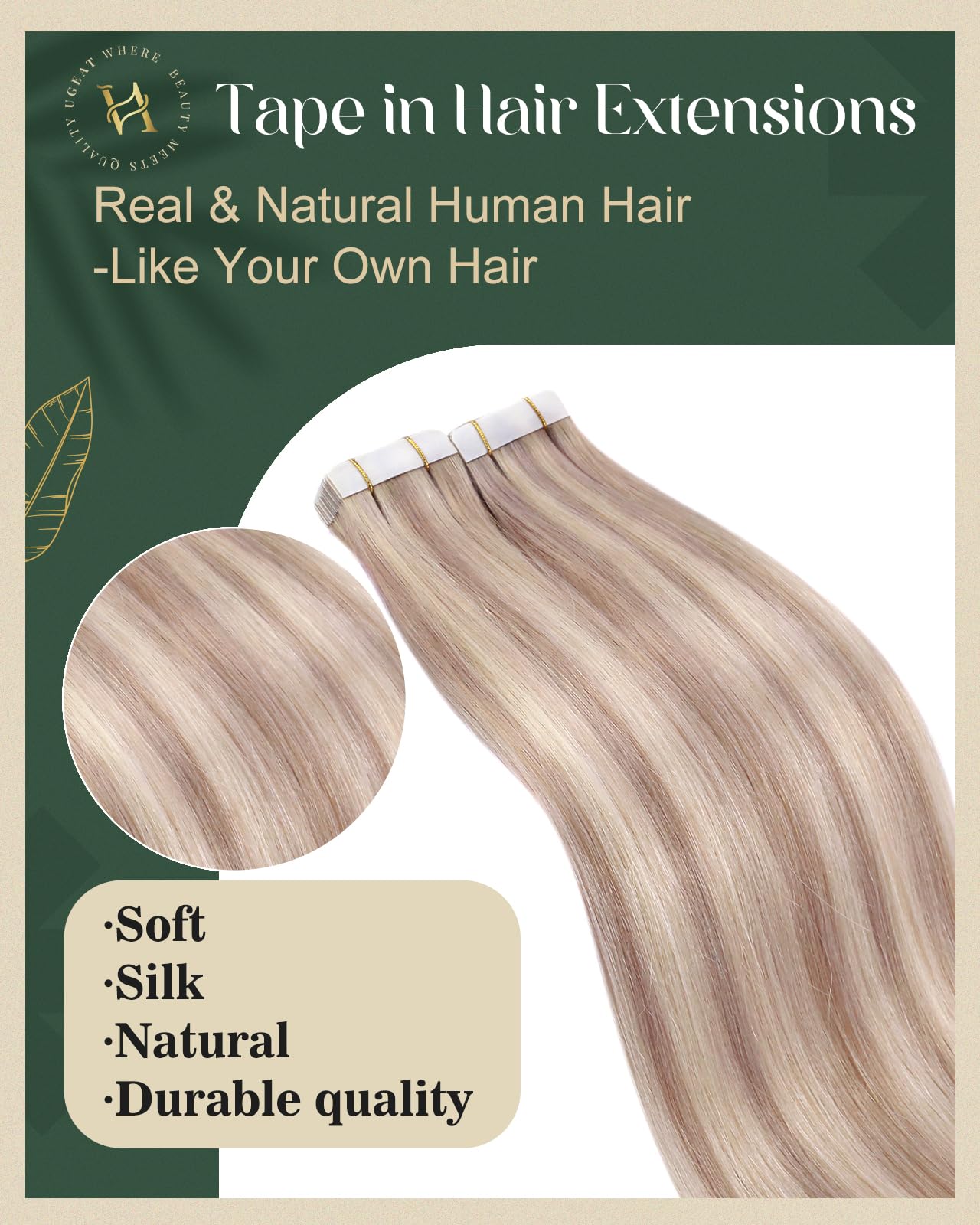 Ugeat Hair Extensions Tape in Human Hair Blonde 16inch Human Hair Tape in Extensions Ash Blonde Highlights Bleach Blonde Natural Tape in Hair Extensions Human Hair 50G 20Pcs