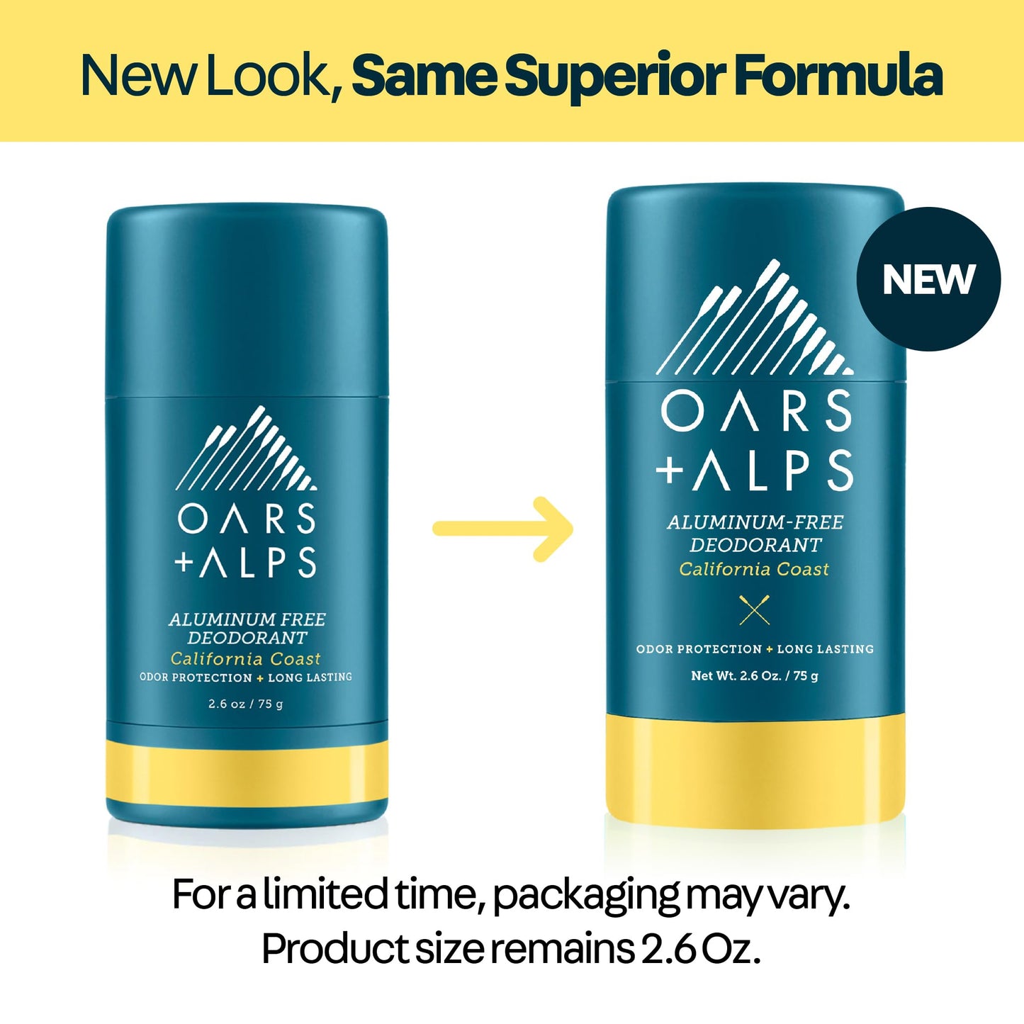 Oars + Alps Aluminum Free Deodorant for Men | Long Lasting Odor Protection, Clear & Free of White Residue, Anti-Chafing Smooth Glide, Dermatologist Tested, California Coast, 1pk, 2.6oz