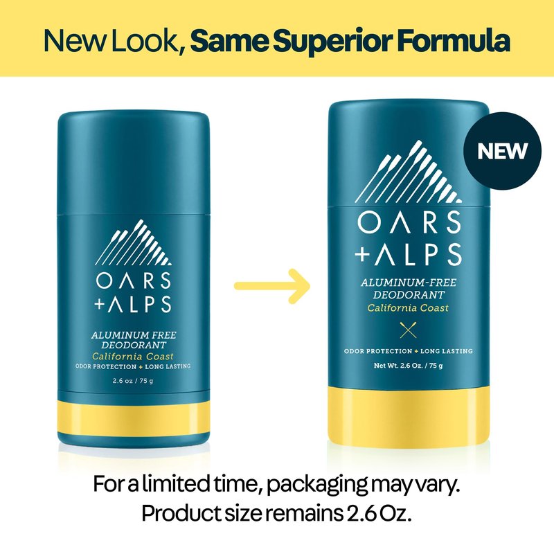 Oars + Alps Aluminum Free Deodorant for Men | Long Lasting Odor Protection, Clear & Free of White Residue, Anti-Chafing Smooth Glide, Dermatologist Tested, California Coast, 1pk, 2.6oz