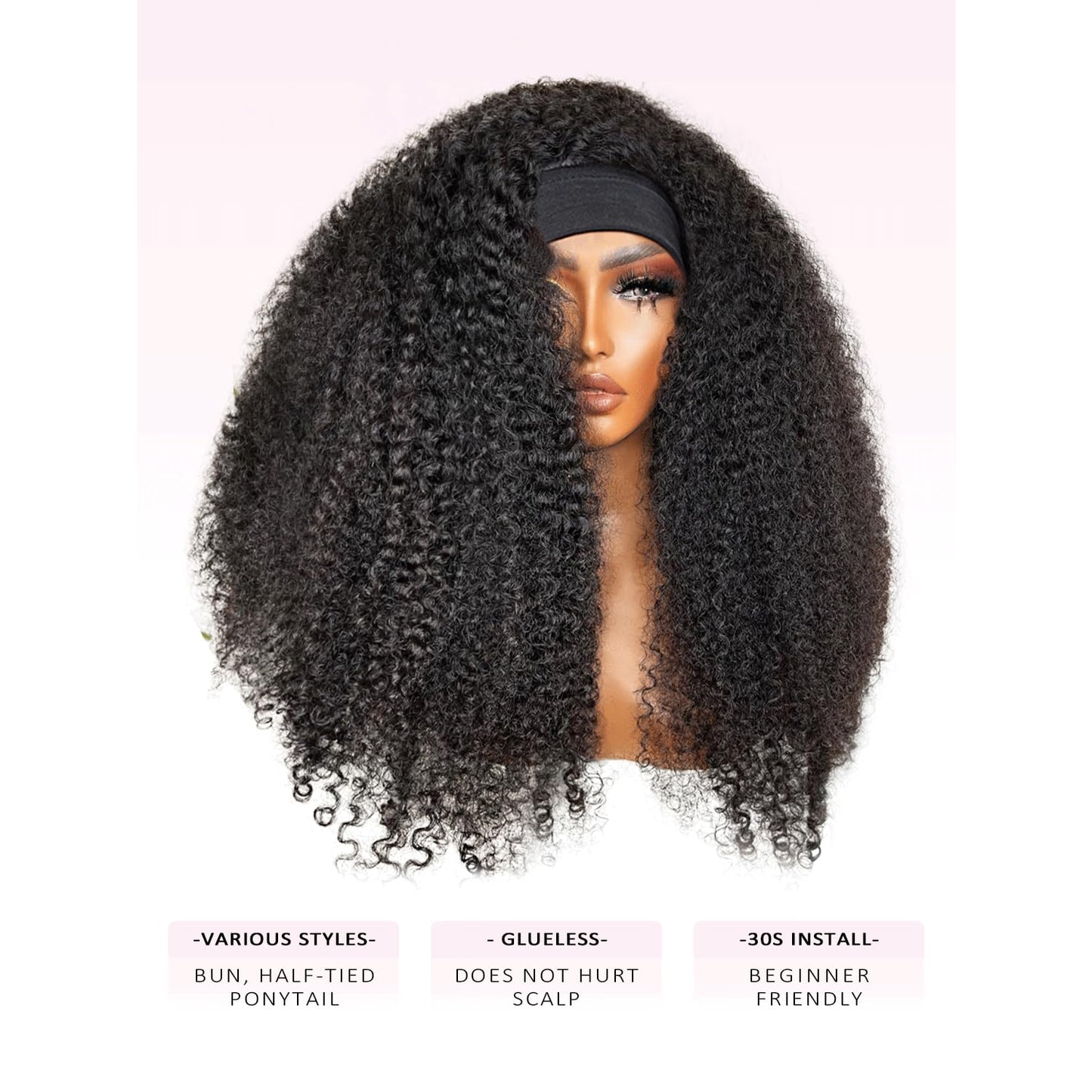 Woman's Romance Headband Wig Human Hair Wigs Kinky Curly Headband Wigs for Black Women Glueless Human hair Wig None Lace Front Wigs 180% Density Wear and Go Wig Natural Black Headband Wigs (28in)
