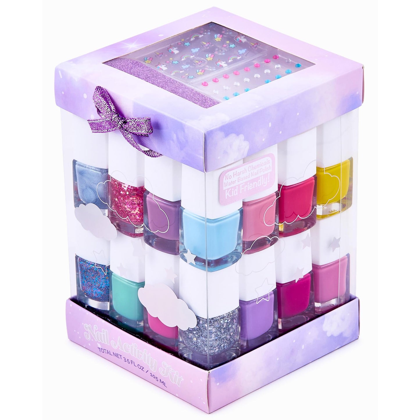 SIMPLE PLEASURES 17-Piece Unicorn Kids Nail Polish Set for Girls – Includes Non-toxic Nail Polish For kids with Gems, Stickers & Nail File - Gift Set for Girls Ages 7-12