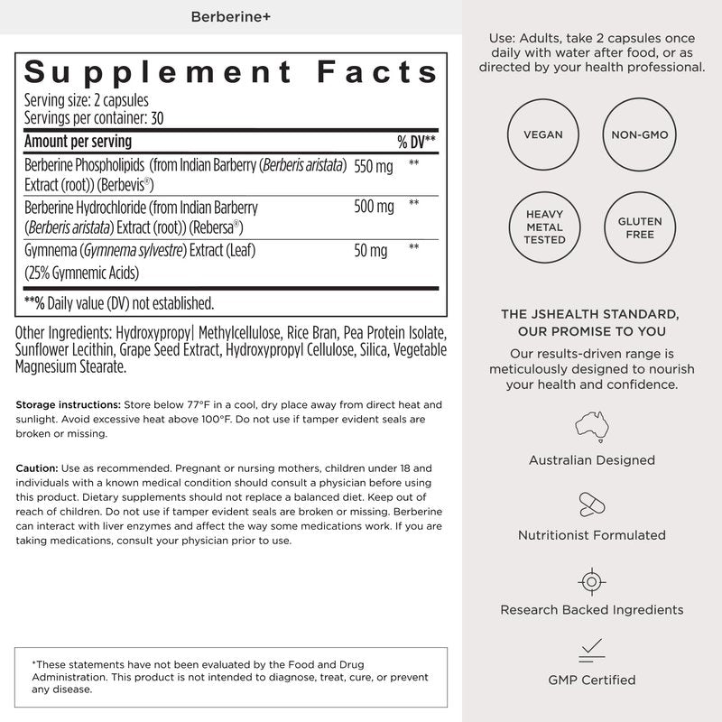 JSHealth Berberine Supplement with Berbevis for Metabolic Health Support. Higher Strength for Blood Sugar Already in the Normal Range and Body Composition. By Nutritionist Jessica Sepel (60 Capsules)