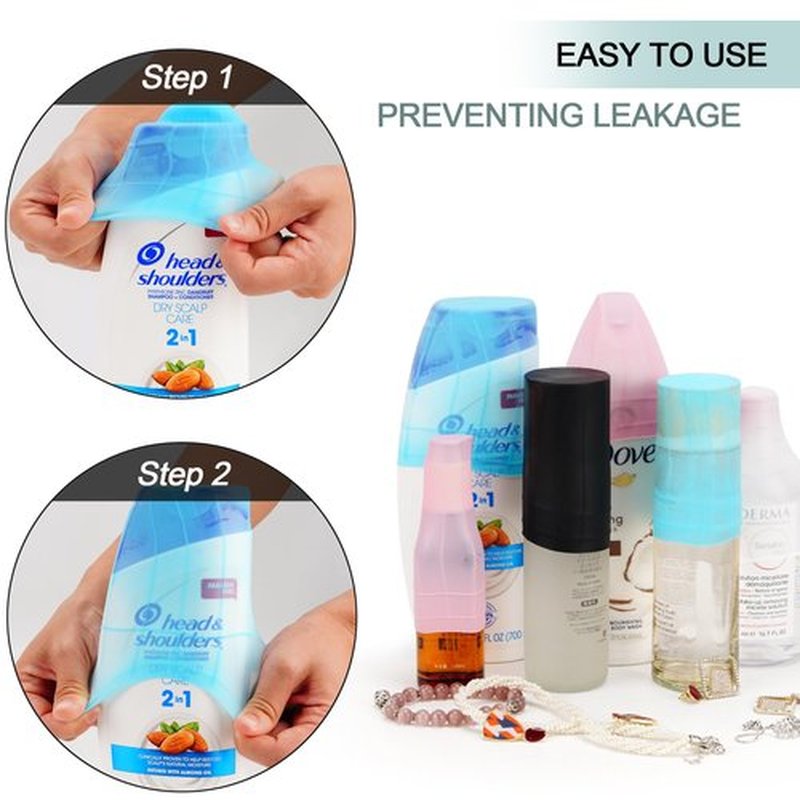 Travel Hanging Toiletry Bag for Women and Men, with 8 Leak Proofing Silicone Bottle Covers, Waterproof Makeup Accessories, Cosmetic Essentials, Toiletries Dopp Kit Set with Jewelry Organizer, Blue