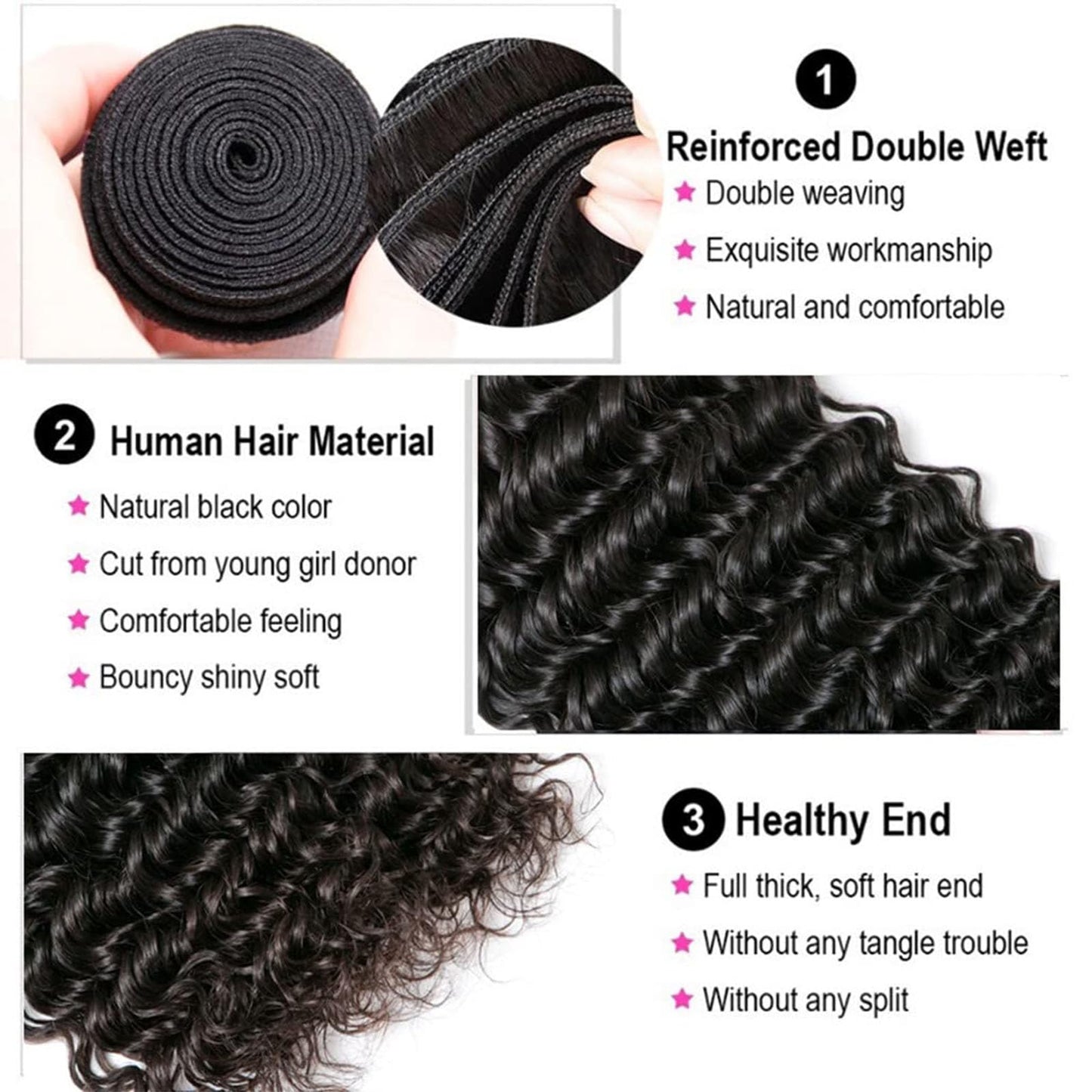 Deep Wave Human Hair Bundles 12 14 16 Inch Curly Bundles Human Hair 100% Unprocessed Brazilian Virgin Human Hair 3 Bundles 10A Wet and Wavy Bundles Human Hair Natural Black Color
