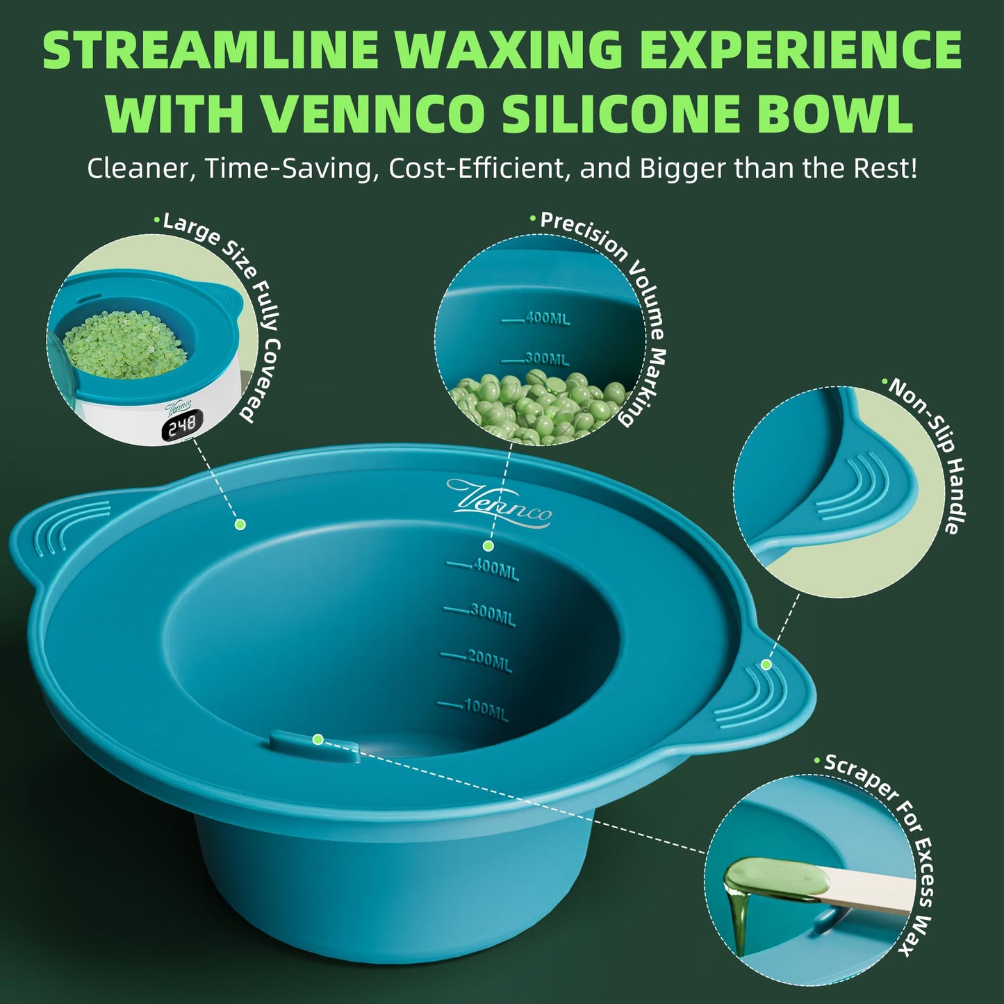 VENNCO Waxing Kit for Women Men - Premium Digital Wax Melt Warmer Kit for Sensitive Skin Coarse Hair Removal - 14oz Hard Wax Beads & Silicone Liner - for Bikini Brazilian Body Face Leg - Home Wax Kit