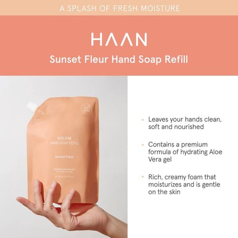 HAAN Foaming Hand Soap Refill | Moisturizing Liquid Hand Soap for Dry Skin | Multi Purpose Hand Wash with Aloe Vera & Cocos Nucifera | Bathroom Soap w/Pump Dispenser | Sunset Fleur - 23.67 Fl Oz