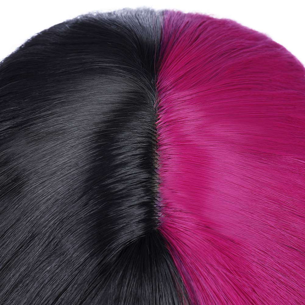 PATTNIUM Black Pink Wig Two Color Wig Short Curly Black Pink Wig With Bangs Half Black Pink Split Wig for Women Heat Resistant Synthetic Hair Cosplay Party Wig (Black and Hot Pink)