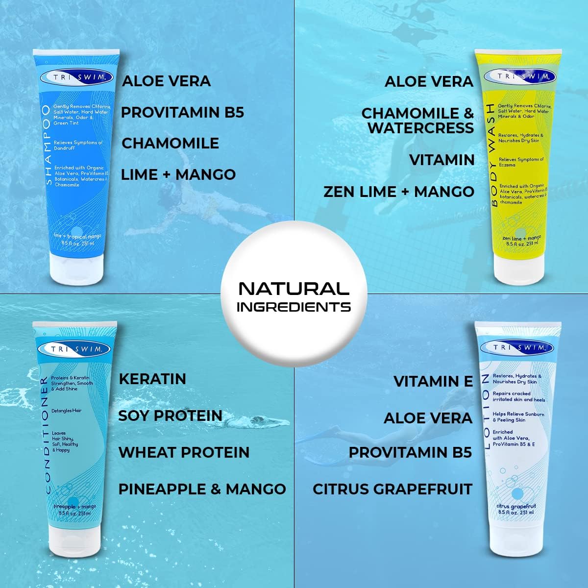 TRISWIM Shot Set in Travel Bag | 2oz Travel Size Chlorine Removal Shampoo, Swimmer’s Conditioner, Swim Body Wash and Lotion | Removes Chlorine, Bromine, Hard Water Minerals & Saltwater and odors