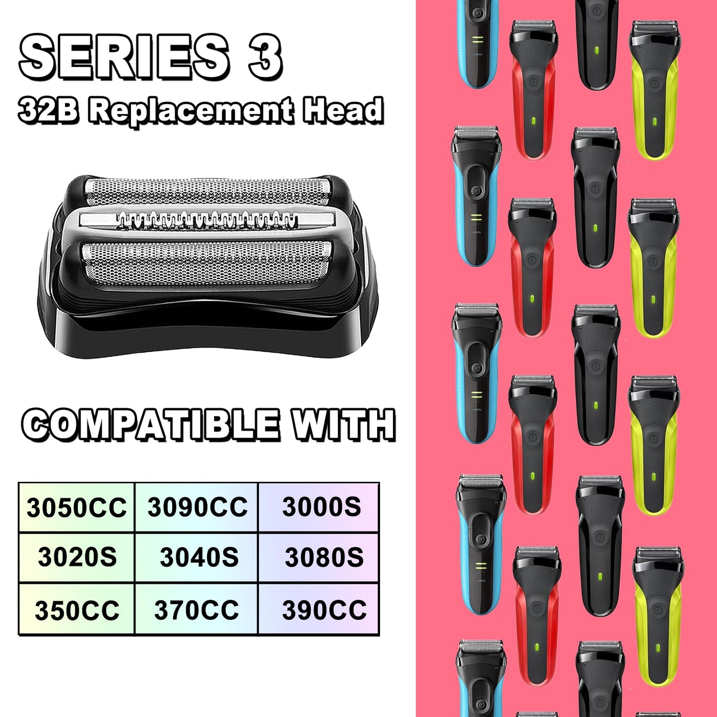 Series 3 32B Electric Replacement Shaver Head Accessories blade Compatible with Braun Series 3 Foil Shaver Replacement Heads S3 3040s 3080s-4 370cc 3070cc 3000s 3010, 3090cc Etc