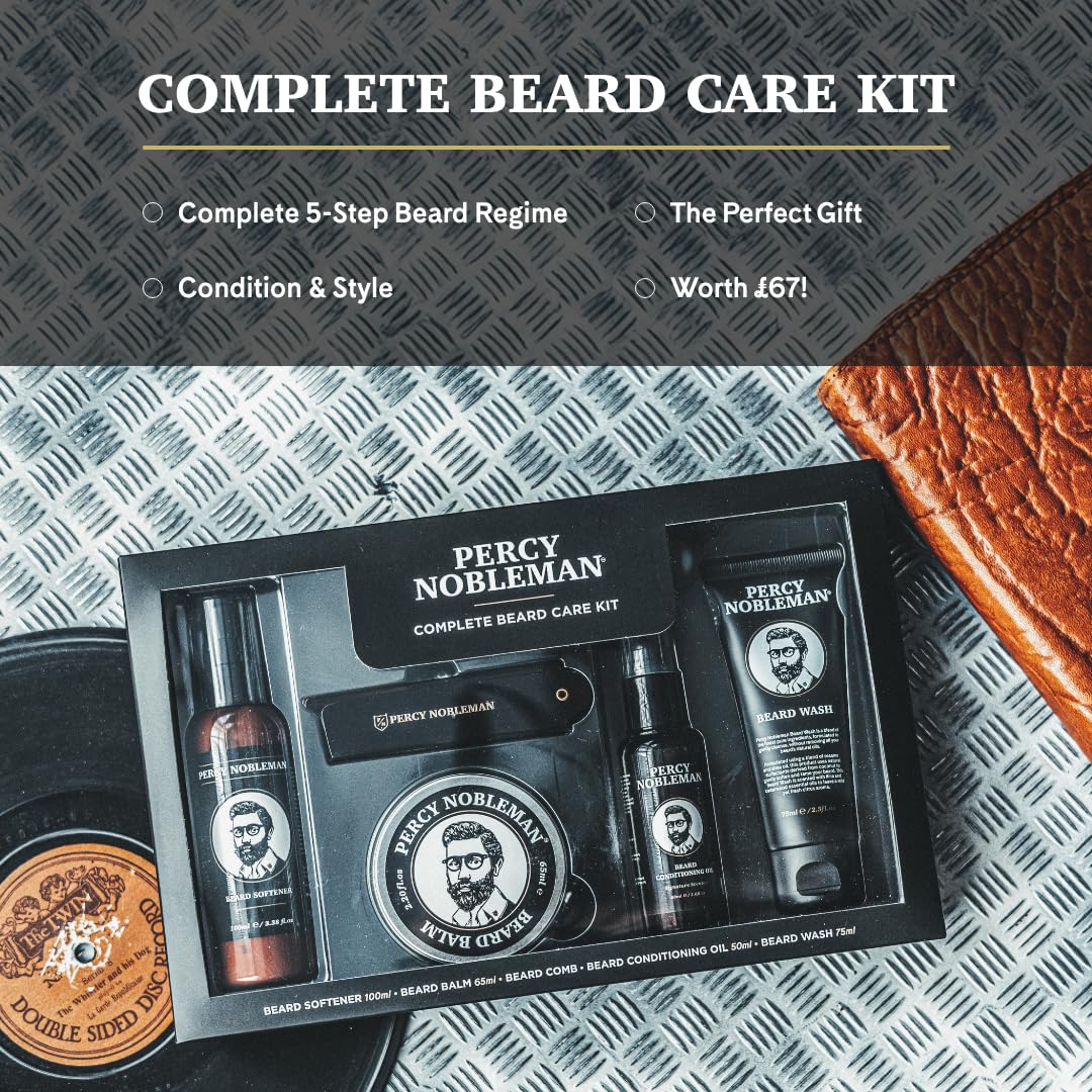 Percy Nobleman Complete Beard Care Kit – Beard Grooming Gift Set with Beard Softener, Scented Beard Oil, Beard Balm, Beard Wash and Folding Acetate Comb for Softening, Hydration & Styling