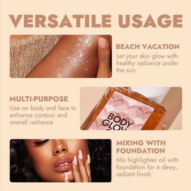 Shimmer Body Oil for Glowing Skin Body Shimmer Oil Hydrating Makeup Highlighter for Body and Face Enhancer Natural Radiance and Dewy Finish Skin Tones (03#, 1.02 fl. oz/ 30ml)