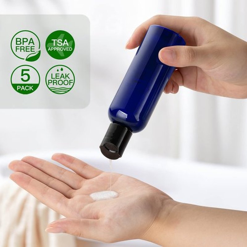 owlyee 3.4 oz Travel Bottles for Toiletries, Empty Travel Size Containers Tsa Approved, 5PCS Small Plastic Shampoo Bottles with Labels (100ml, Blue)