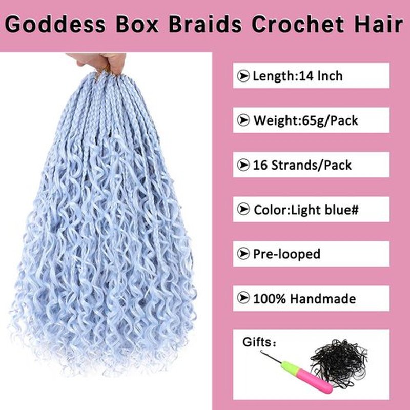COOKOO 14 Inch Goddess Boho Box Braids Crochet Hair for Women 8 Packs Strands Synthetic Pre Looped Box Braids Curly Ends Knotless Ombre Braiding Hair (Light blue#)