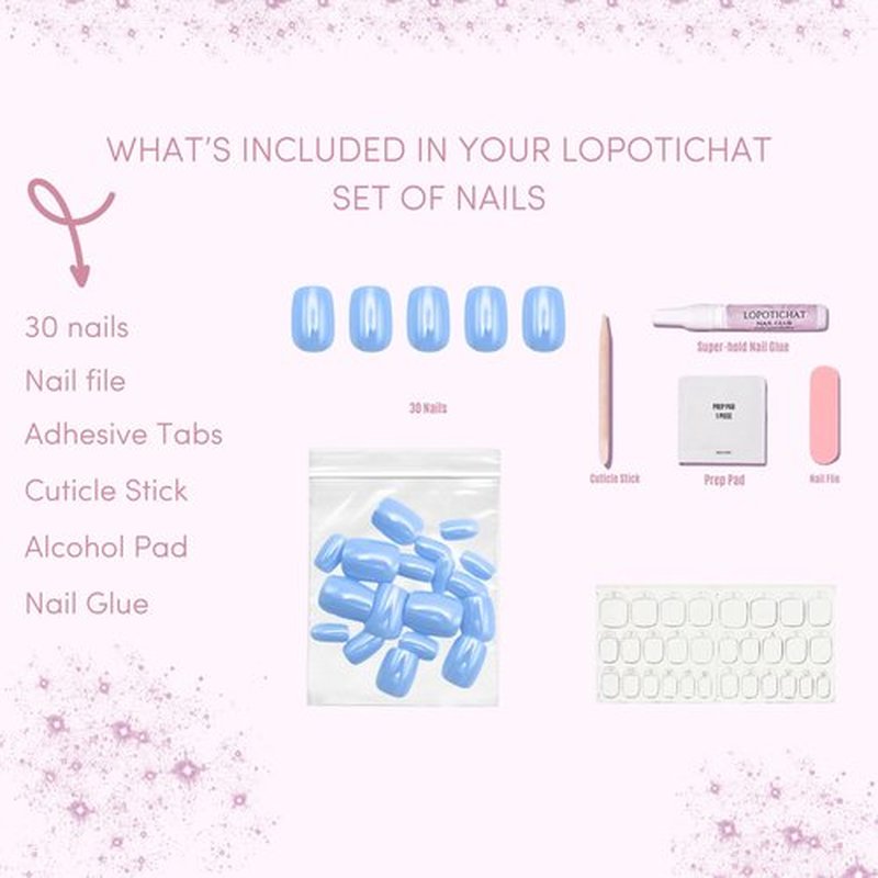 Lopotichat Ultra-Resistant Gel Press-On Nails Set - 30 Nails in 15 Sizes for Perfect & Natural Fit - Reusable Manicure for DIY Salon-Quality Nails at Home (Blueberry Baby)