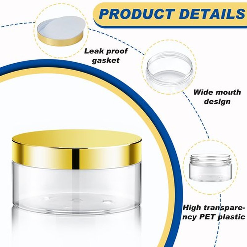 Dandat 24 Pcs Plastic Jars with Lid and Label PET Cosmetic Containers Leak Proof Empty Cosmetic Jars Refillable Storage Travel Jars for Lotion Cream Gel Powder Ointment(Clear with Gold Lid,4 oz)