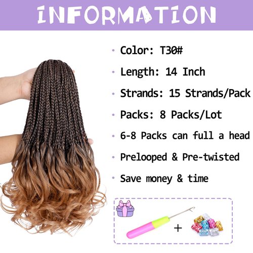 French Curl Crochet Braids 14 Inch 8 Packs Goddess Box Braids Crochet Hair for Women Pre Looped Crochet Box Braids with Curly Ends Synthetic French Curly Braiding Hair Extensions (1B/30)