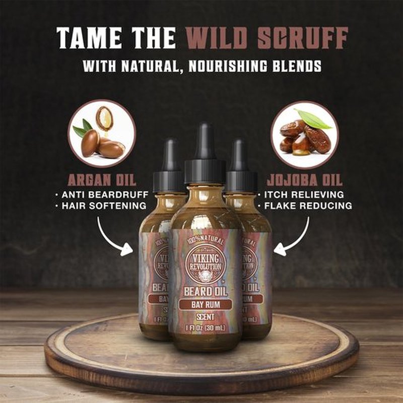 Viking Revolution Bay Rum Beard Oil for Men - Natural Argan and Jojoba Oil Blend for Softening, Strengthening, and Moisturizing Beards (3 Pack)