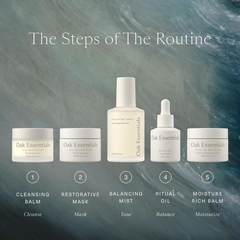 Oak Essentials The Routine Face Skincare Set, 5-Piece Routine: Cleansing Balm, Restorative Mask, Balancing Mist, Ritual Oil and Moisture Rich Balm, Beauty Gift Set for Women, Full Sizes