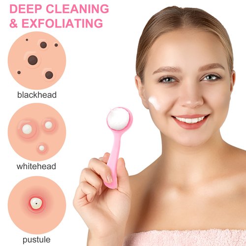 HINZIC Silicone Manual Facial Cleansing Brush, Skin Friendly Waterproof Face Cleaning Scrubber Exfoliator Cleanser for Blackheads Whiteheads Makeup Residues Removal- Pink