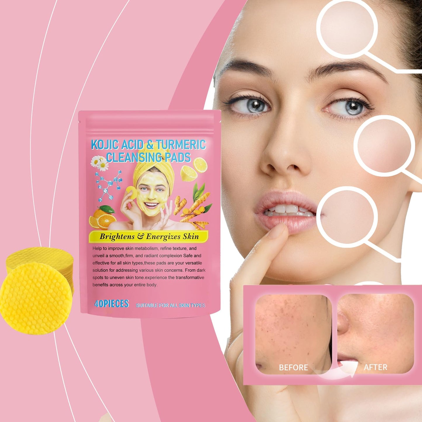 eveloria Turmeric Kojic Acid Cleansing Pads, Vitamin B5, Vitamin C Helps Balance Skin, 40 Sugar Turmeric Cleansing Pads for Face