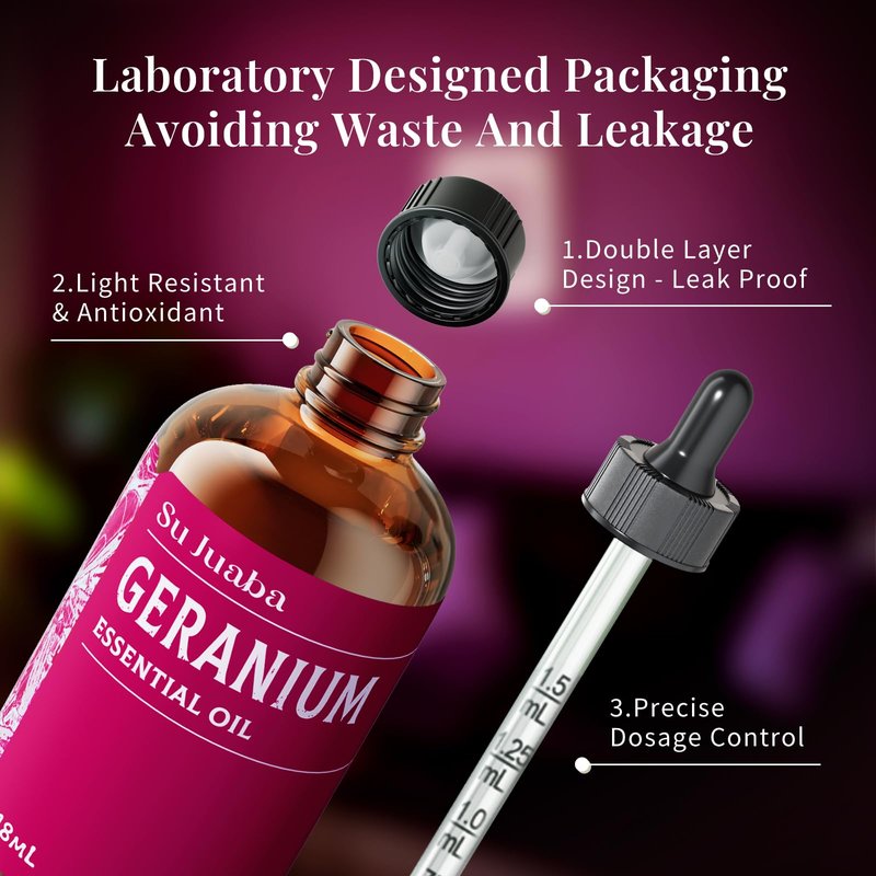 SU JUABA Geranium Essential Oil 4 Oz, Aromatherapy Oil for Diffuser, Skin Care, Hair & Massage - 118ML