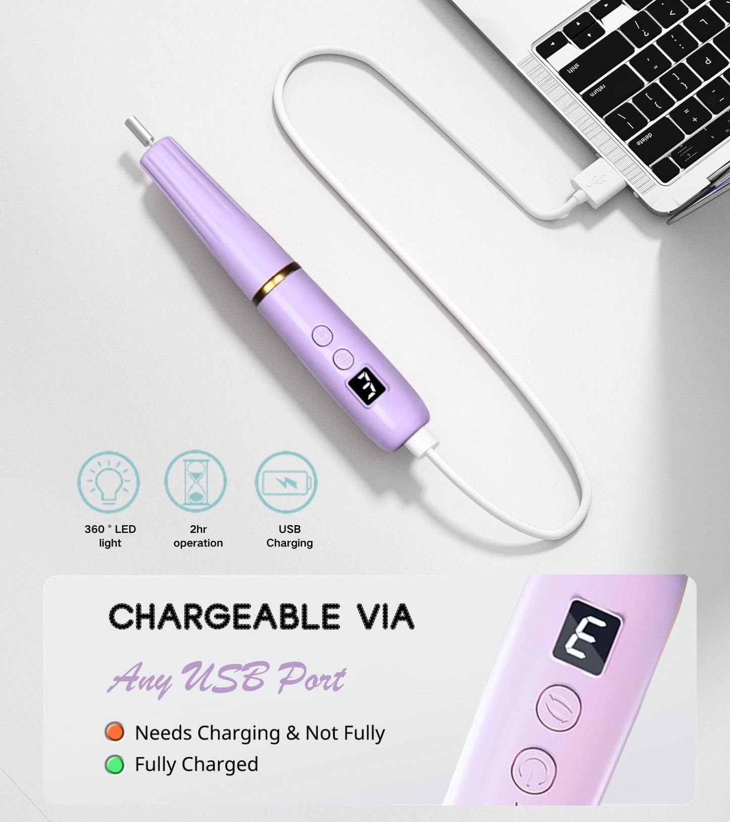 HengYuaoler Electric Nail Drill Machine File Efile Set for Acrylic Gel Nails Portable Nail Drill Machine Kit Rechargeable Pedicure Tools for Hand Feet Manicure Pedicure Tools Polishing Set (Purple)