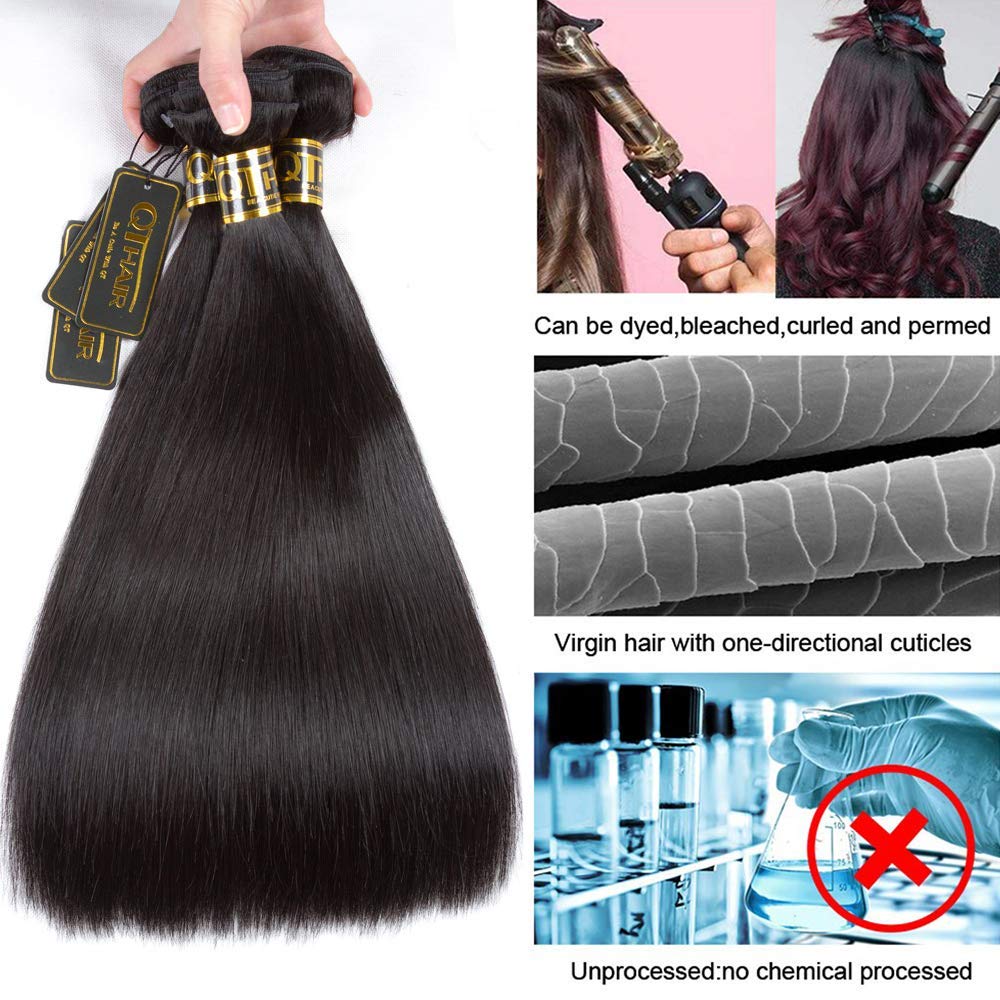 QTHAIR 14A Virgin Brazilian Straight Human Hair Extensions (14 16 18 inch,300g) 100% Unprocessed Brazilian Virgin Human Hair Weave Straight Hair Bundles Natural Color