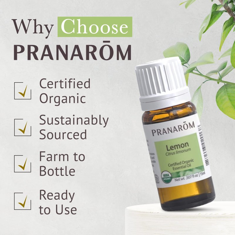 Pranarom USDA Certified Organic Lemon Essential Oil (15ml), 100% Pure Undiluted Therapeutic Grade from Argentina for Aromatherapy, Diffuser, DIY, Cleaning, Fresh Lemon Scent