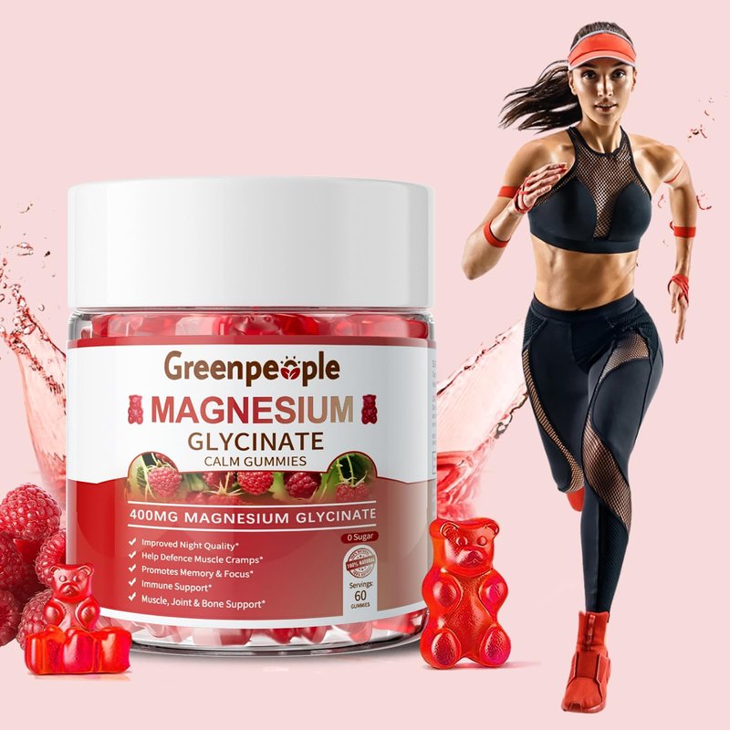 GREENPEOPLE Magnesium Glycinate Gummies 400mg - Sugar Free Magnesium Supplement with Magnesio Citrate, Vitamin D, and B6 for Calm Support & Sleep for Adults - High Absorption - Raspberry Gummies