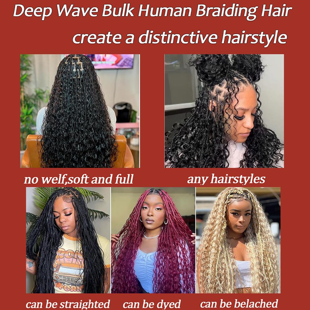Human Braiding Hair Deep Wave Bulk Human Hair for Braiding 1 Bundle 50g Wet and Wave Deep Curly Braiding Hair for Boho Braids Brazilian Virgin Human Hair Extensions Natural Color