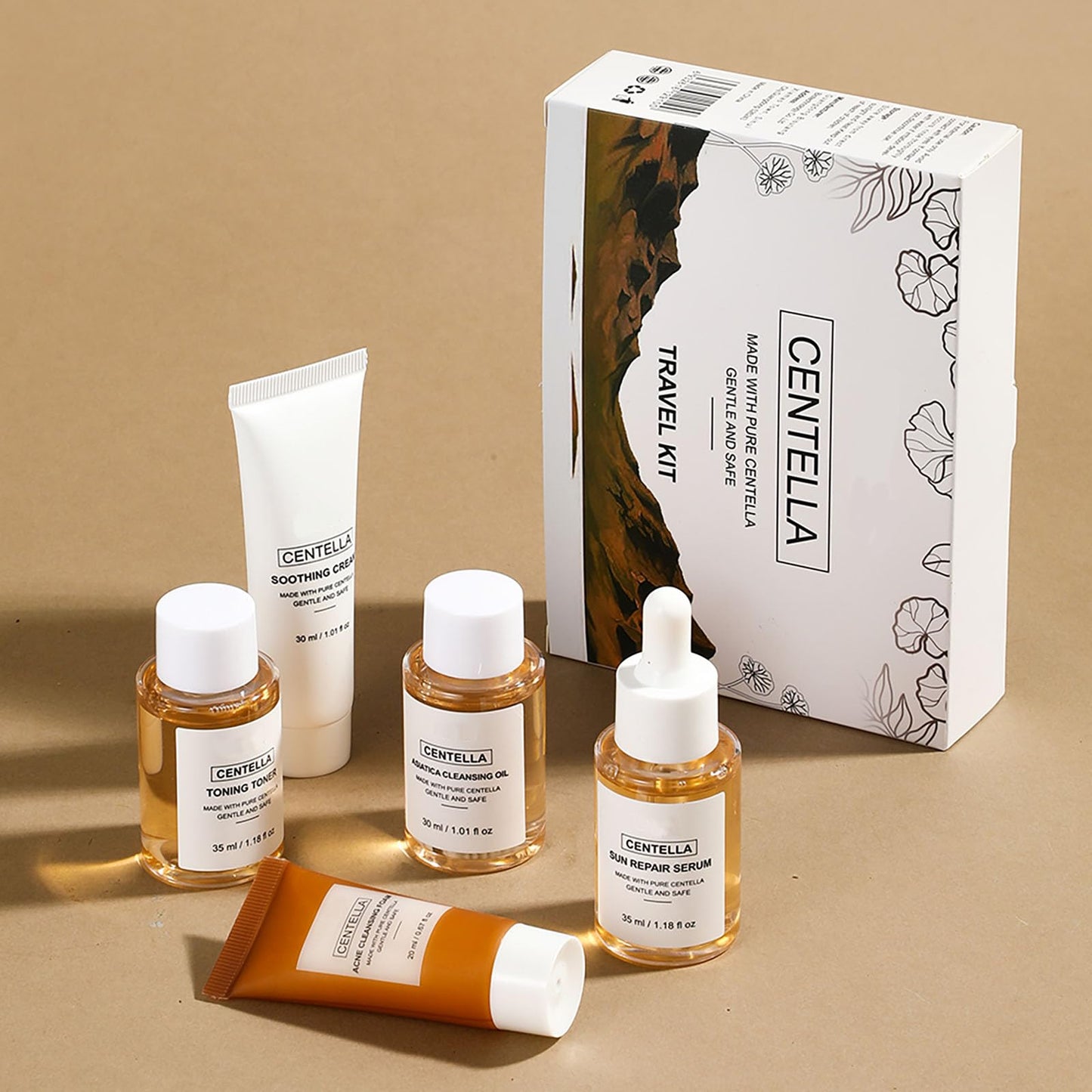 Centella Travel Kit, Toner, Sun Repair Serum, Soothing Cream, Cleansing Oil, Acne Cleansing Foam, Basic Mini Size Skin Care Kit Box & Gift Set for Women, Stocking Stuffers