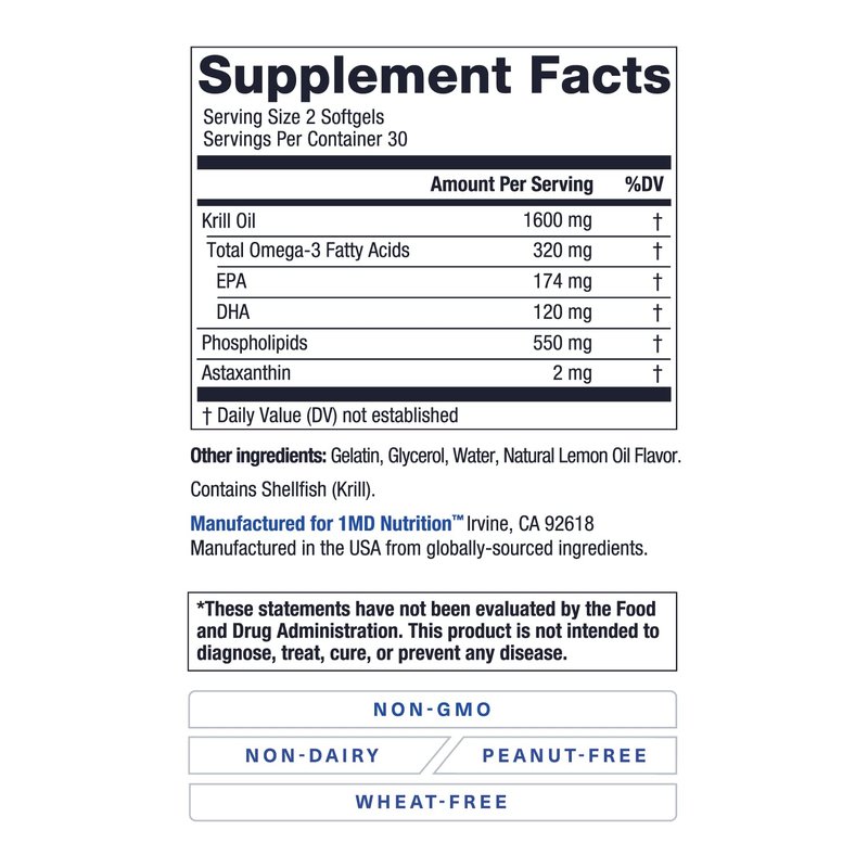 1MD Nutrition KrillMD - Antarctic Krill Oil Omega 3 Supplement with Astaxanthin, EPA, DHA | 2X More Effective Than Fish Oil | 60 Softgels