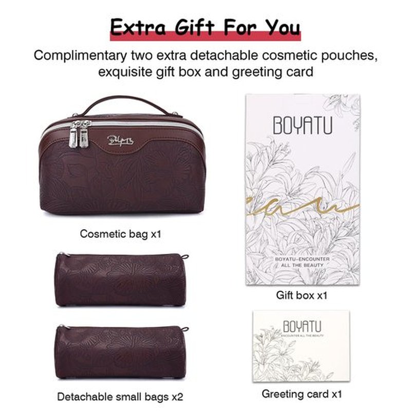 Travel Makeup Bags Cosmetic Organizer Bag: 3-Set Large Capacity Make up Bag - PU Leather Toiletry Bag for Women - Wide Open Portable Pouch with Divider & Handle (02-Reddish-Brown)
