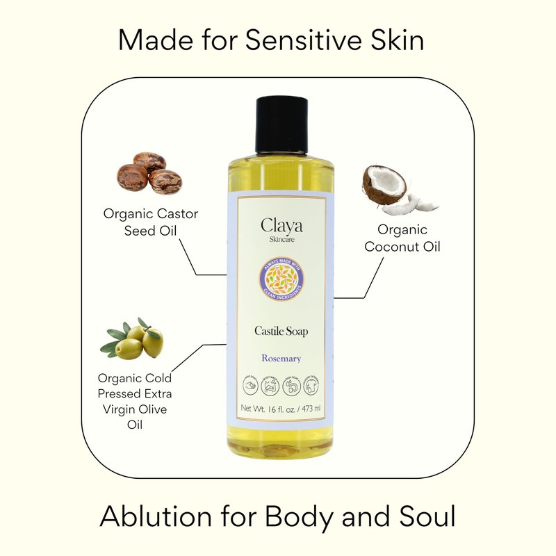 Claya Ambrette Liquid Castile Soap – Organic Ingredients, Biodegradable, Gentle for Sensitive Skin and Versatile Use (16 fl oz (Pump Cap))
