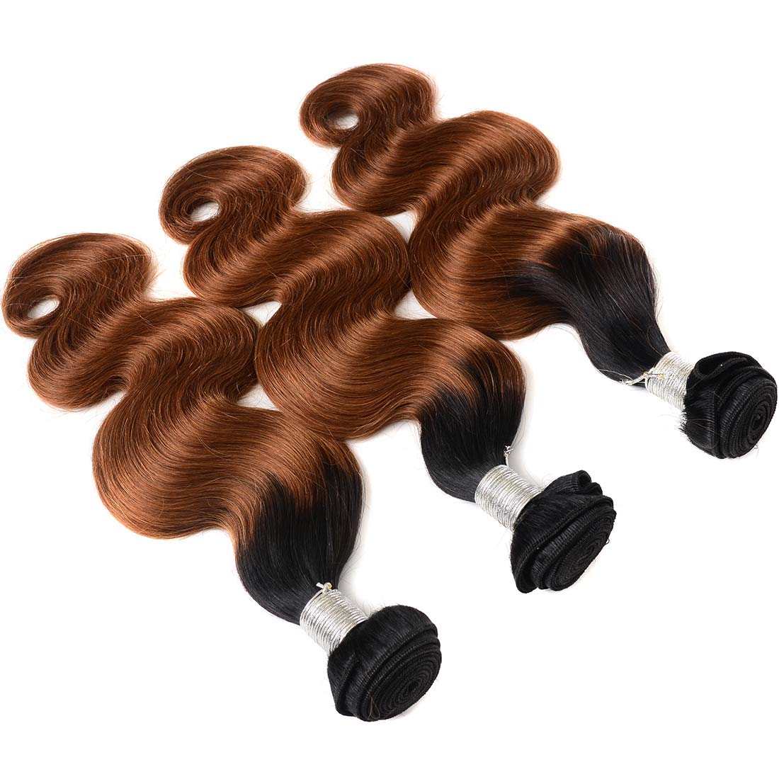 AUTTO Hair Ombre Human Hair 3 Bundles Two Tone 1B/30 Color Body Wave Hair Ombre Weaves Extensions (1B/30,12"14"16")