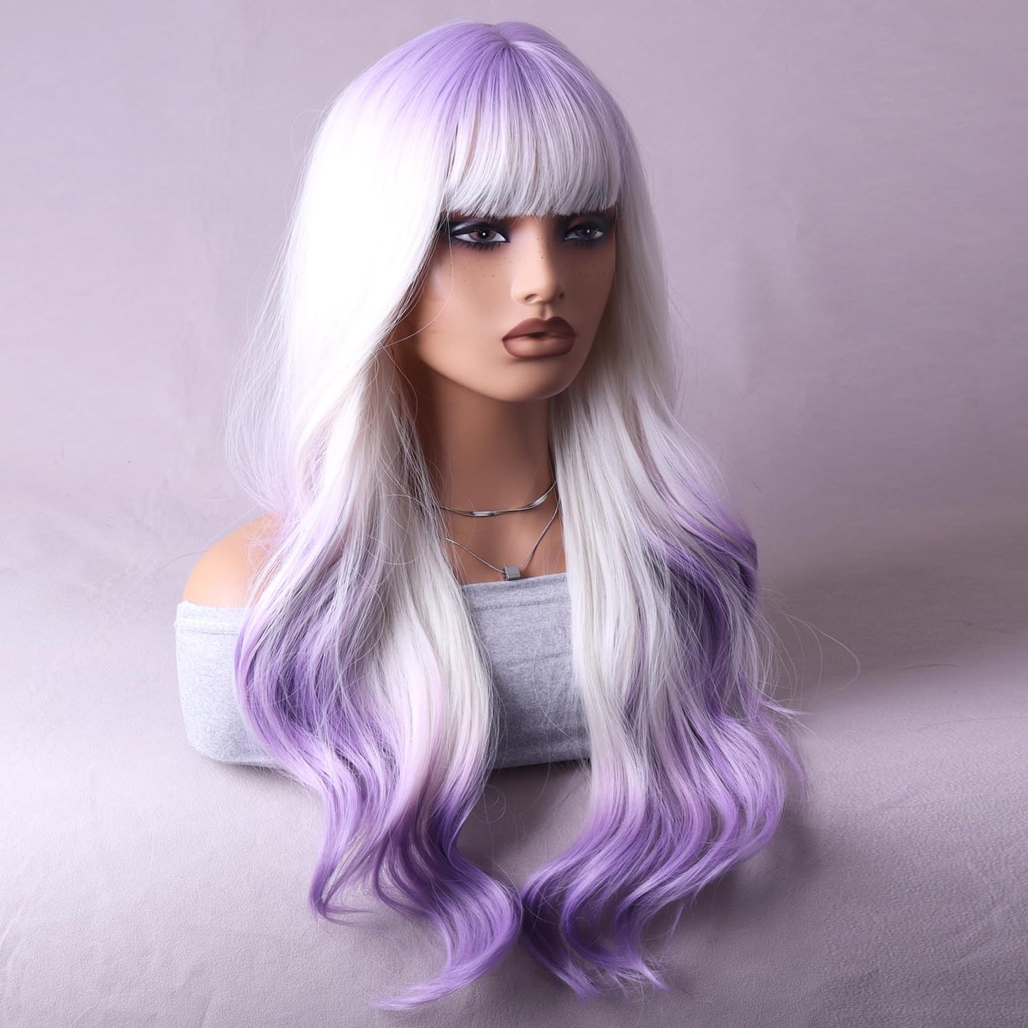 RightOn Purple Ombre Wig Long Wavy Wig Ombre Purple Wig with Bangs Purple Wigs with Wig Cap