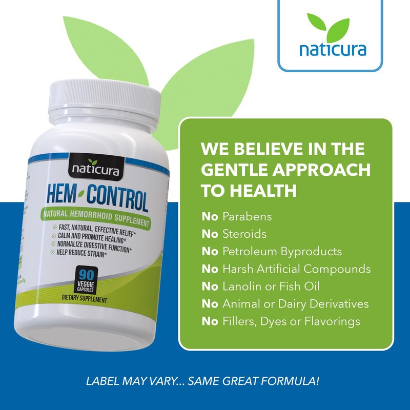 Naticura Hem-Control - Fast Effective Hemorrhoid Treatment Supplement - Powerful Formula to Promote Symptom Relief, Shrinking of Hemorrhoids, Ease Discomfort - 90 Vegan Capsules - Made in USA
