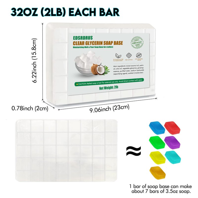 EDSRDRUS 4LB Unscented Glycerin Soap Base DIY Handmade Moisturizing Melt and Pour Soap Base for Crafting, Vegetable Glycerin & Coconut Oil, Easy to Cut (Clear, 4LB)