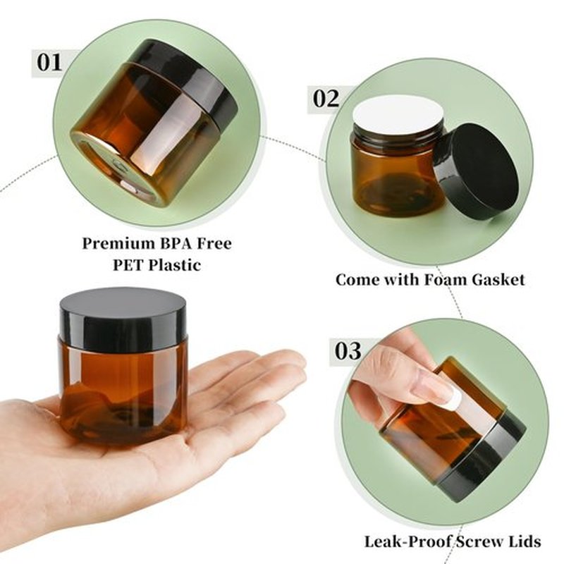 TUZAZO 2 Oz Amber Plastic Cosmetic Jars Leak Proof Small Container with lids for Cream, Lotion, Powder, Ointments, Beauty Products, 12 Pcs
