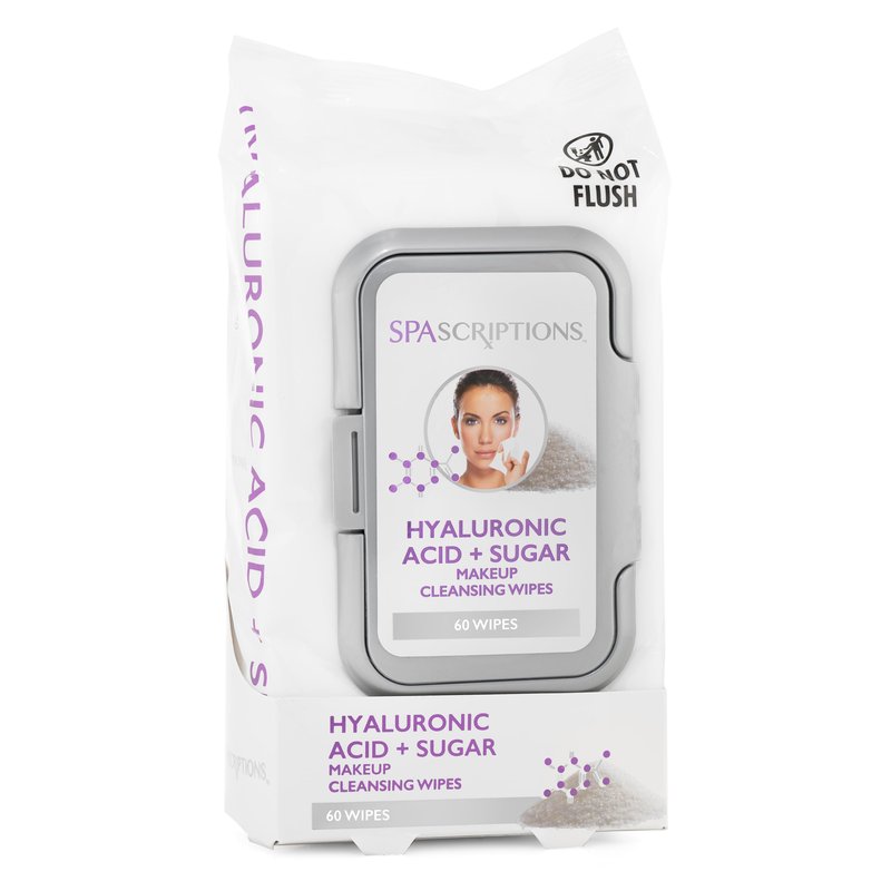 SpaScriptions Hyaluronic Acid Cleansing Facial Wipes - Hydrating Makeup Remover Wipes with Sugar for Smooth, Soft & Refershed Skin, Daily Use Face Wipes For All Skin Types, 1-Pack (60 ct)
