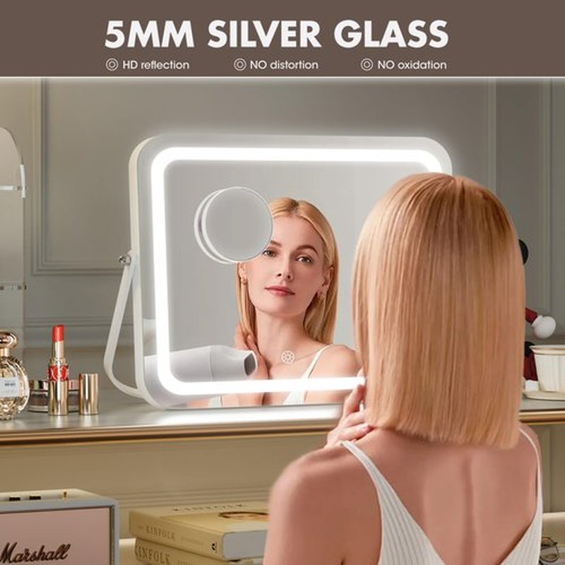Hasipu Vanity Mirror with Lights, 14" x 10" LED Makeup Mirror, 3 Modes Light, Smart Touch Control Dimmable, 360ยฐRotation, Rectangle White Frame, with 5X Magnifying Glass