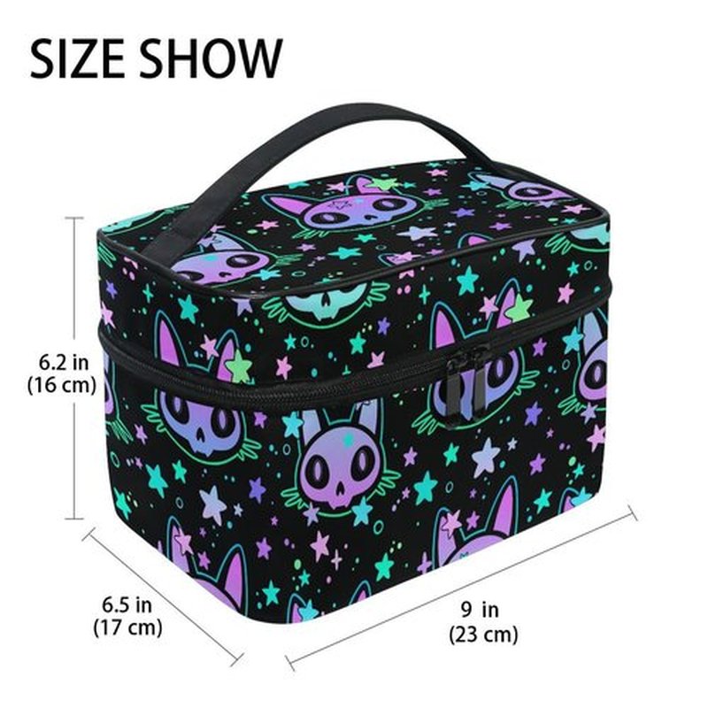 Cosmetic Bag Cat Skull with Stars Travel Makeup Organizer Bag Portable Train Case for Women Girls