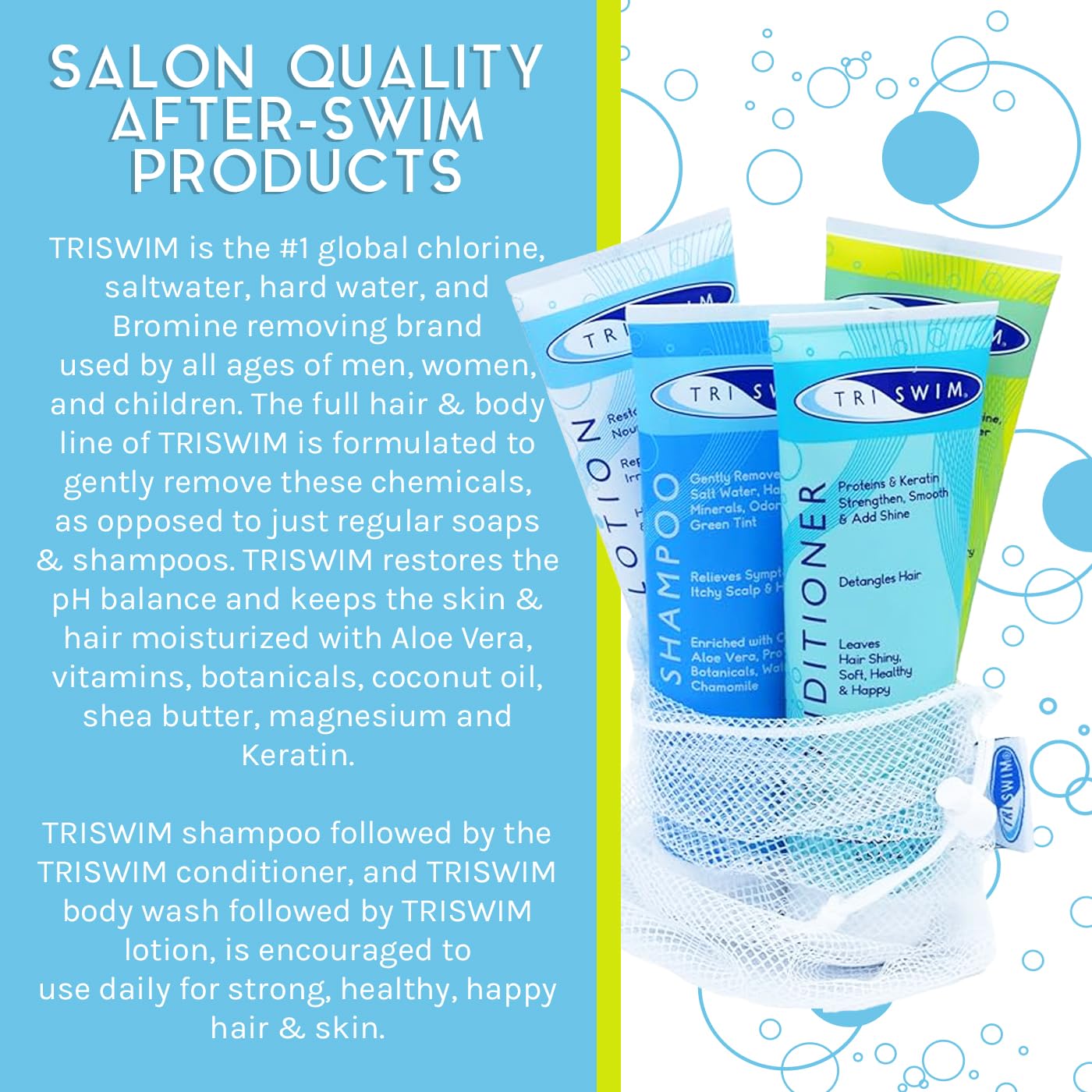 TRISWIM Shot Set in Travel Bag | 2oz Travel Size Chlorine Removal Shampoo, Swimmer’s Conditioner, Swim Body Wash and Lotion | Removes Chlorine, Bromine, Hard Water Minerals & Saltwater and odors