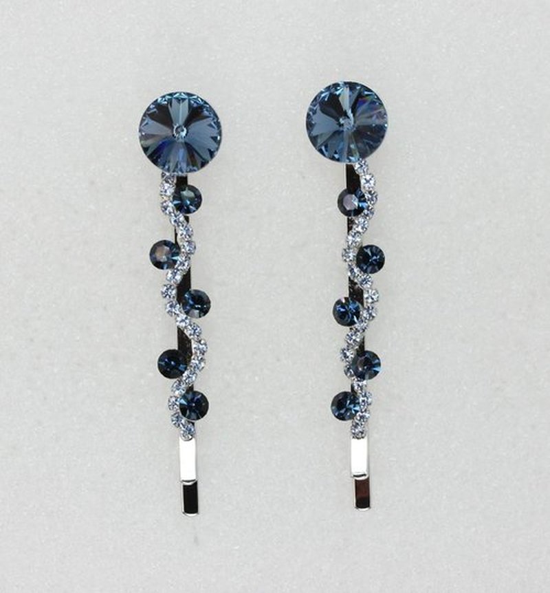 Faship A Pair Of Navy Blue Premium Rhinestone Crystal Floral Hair Clips 2 Pcs Pins - Navy Blue